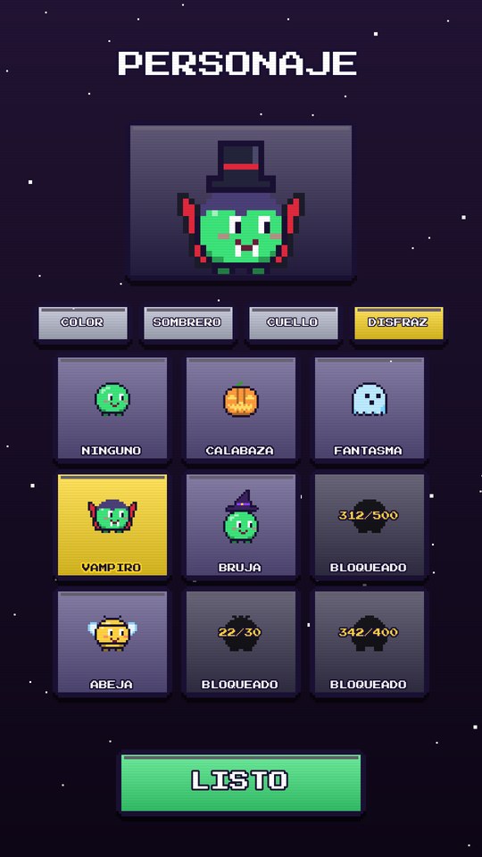 Pantalla de personaje con disfraces
